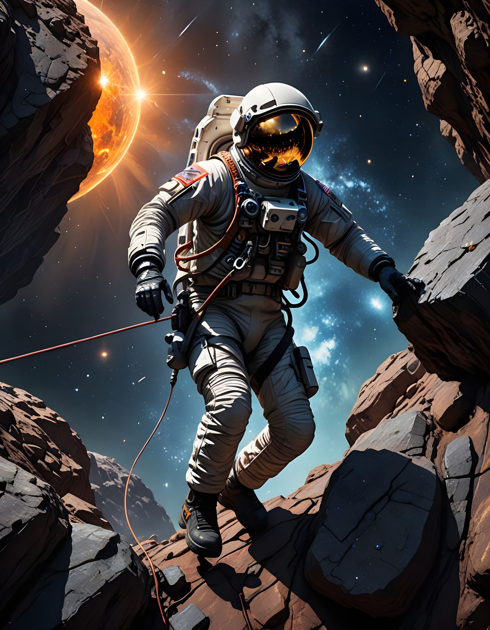 Astronaut Rappelling on Asteroid: Cosmic Digital Art