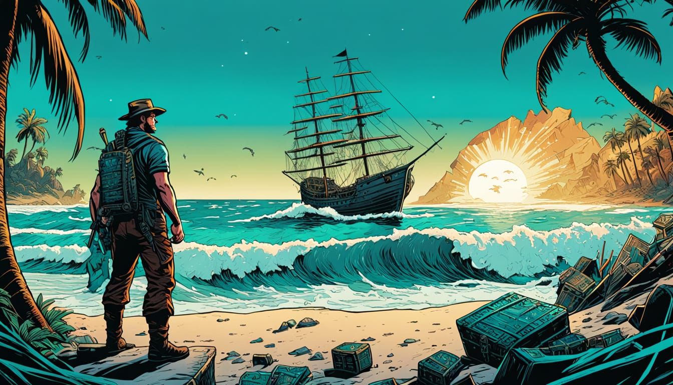 Explorer Finds Pirate Treasure: Comic Book Art