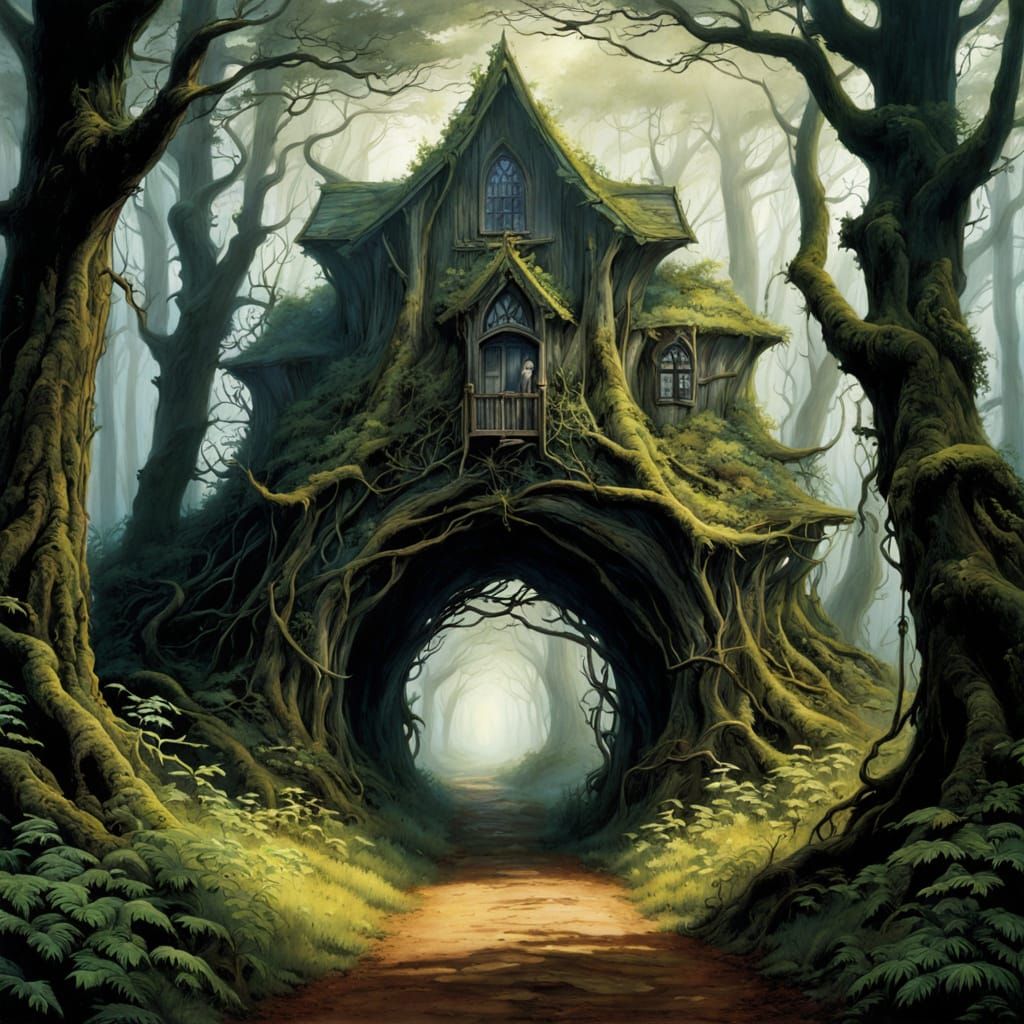 Eldritch Forest Crossroads Sign in Fantasy Style