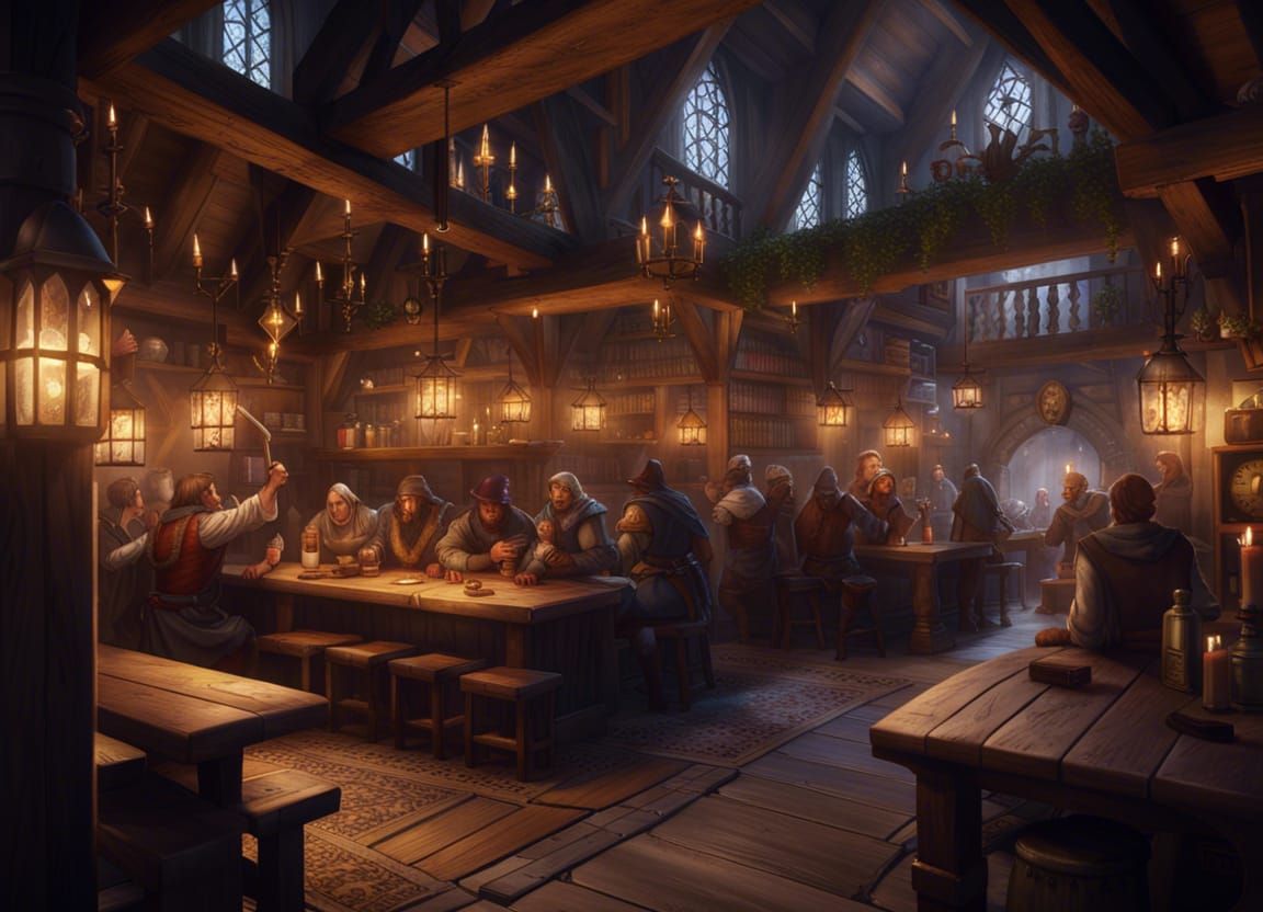 Enchanted Medieval Tavern with Magic Tech Details