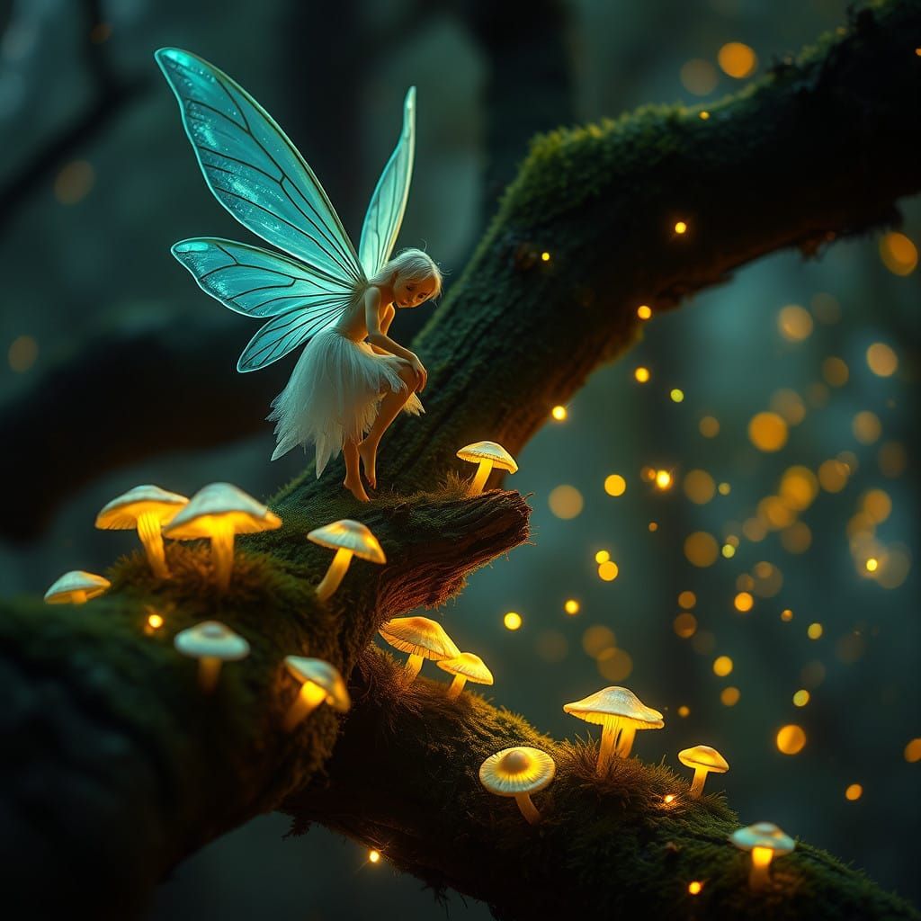 Whimsical Fairy Amidst Bioluminescent Forest