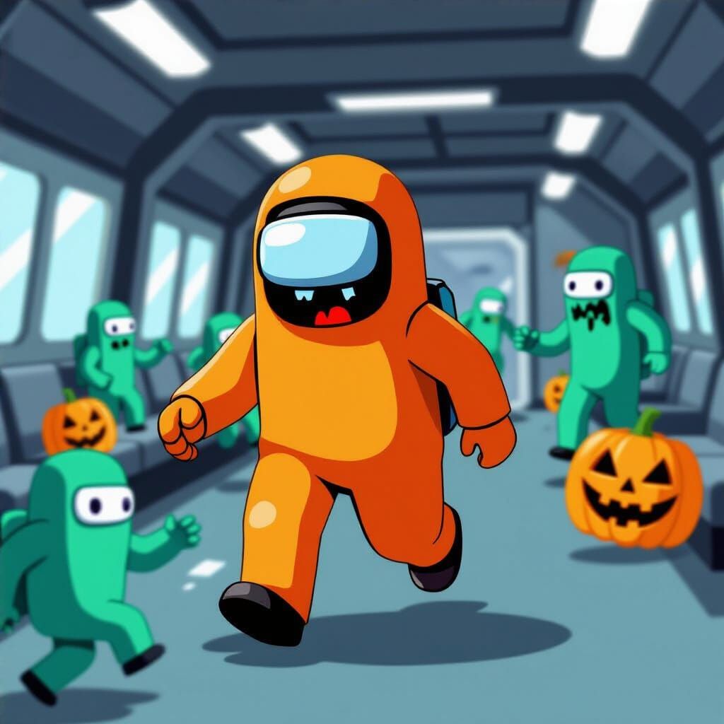 Among Us Character Flees Zombies in Ship
