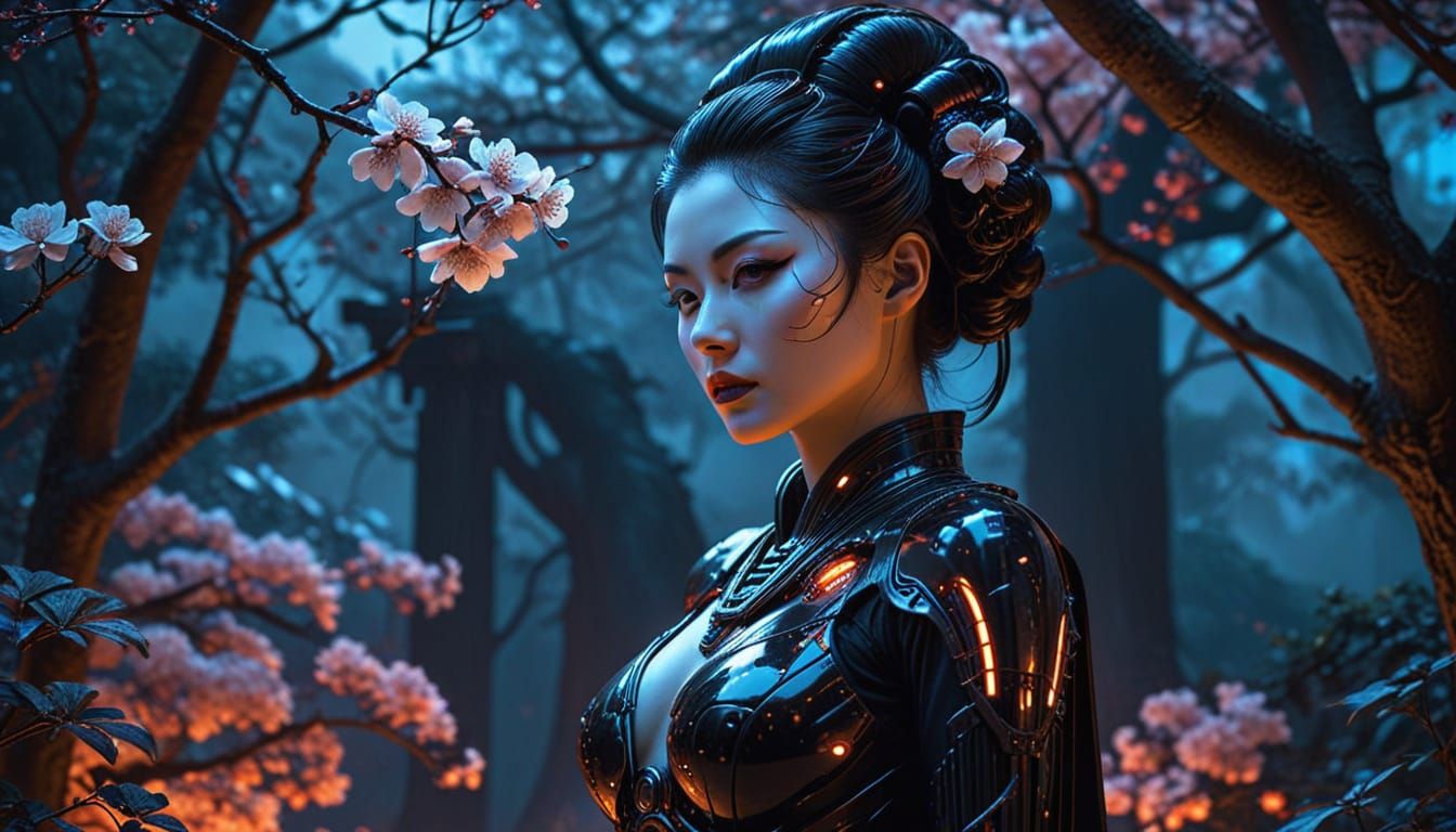 Cyberpunk Geisha in Neon Sakura Garden
