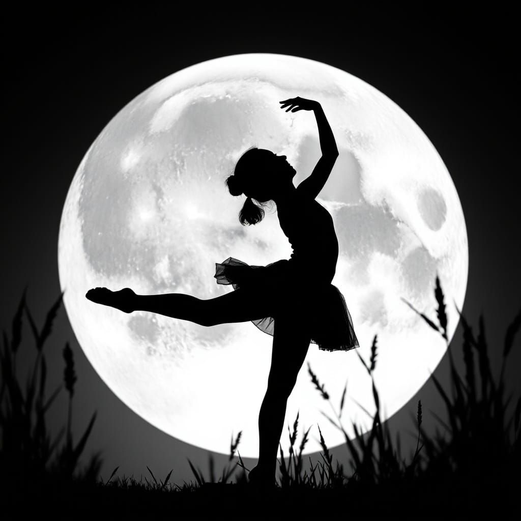 Ballerina Silhouette Under Moon in Monochrome