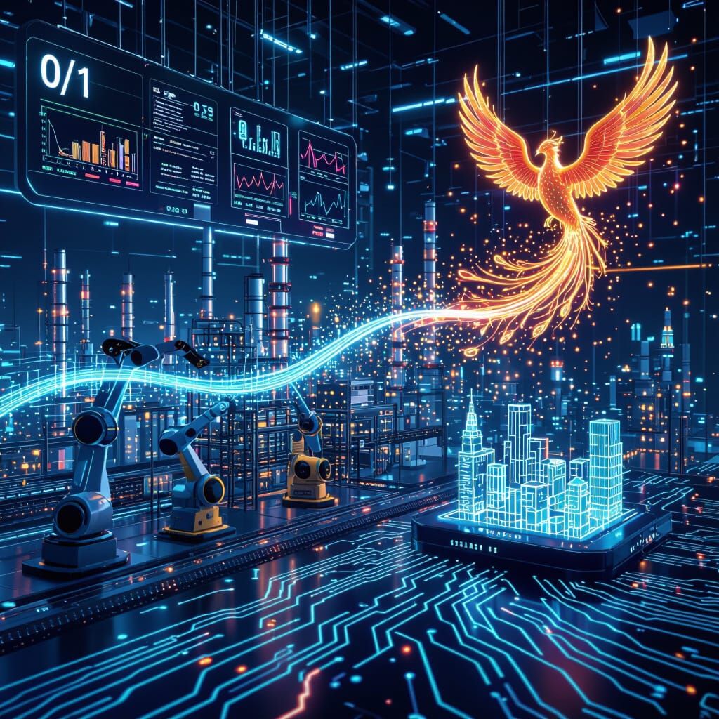 Futuristic Cyber-Industrial Panorama with Digital Ecosystem