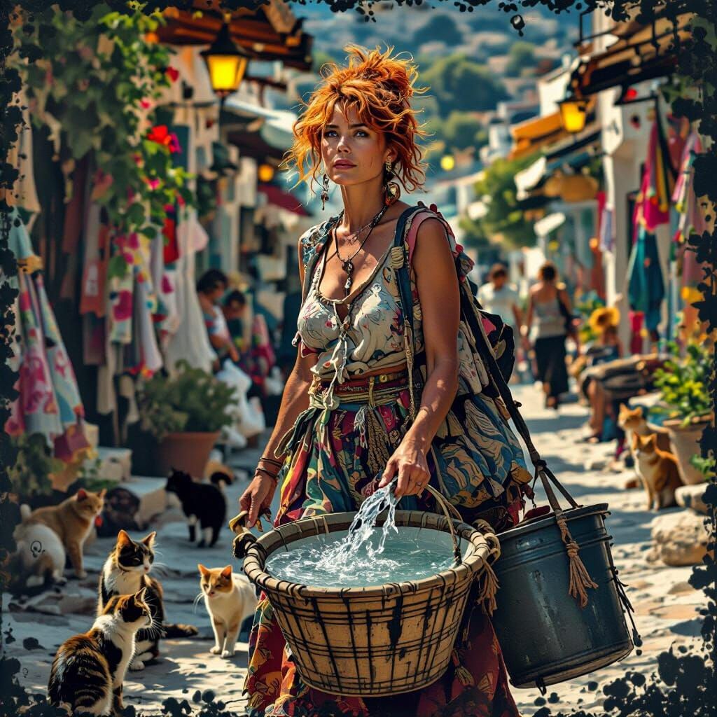 Woman Helping Stray Cats, Splash Art Style