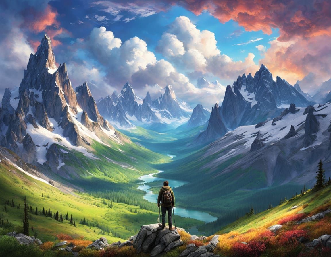 Majestic Mountain Landscape Painting with Hiker