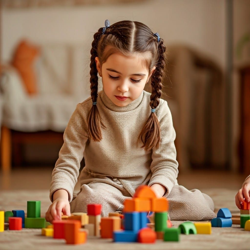 Haredi Sisters Build with Wooden Blocks in Warm, Cozy Playro...