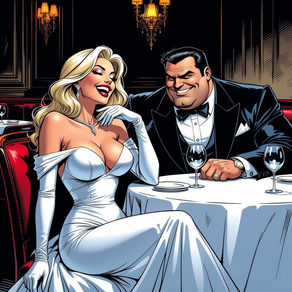 Emma Frost Laughs With A Fat Man In Opulent Restaurant