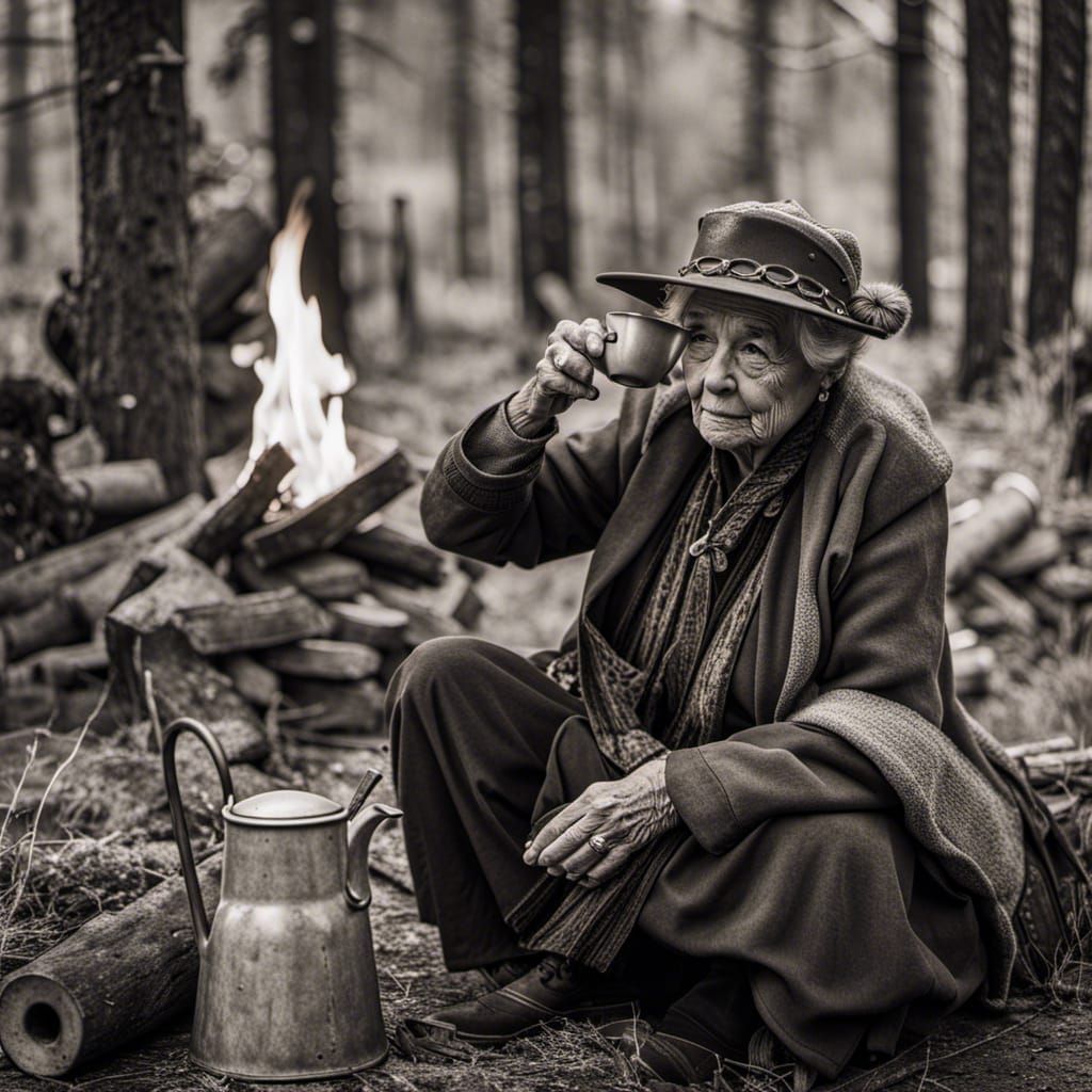 Gunslinger Granny Sipping Tea by Campfire