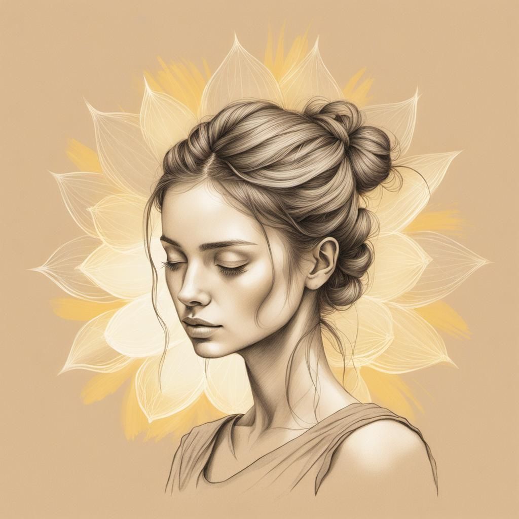 Pencil Drawing of a Young Woman with Lotus Flower