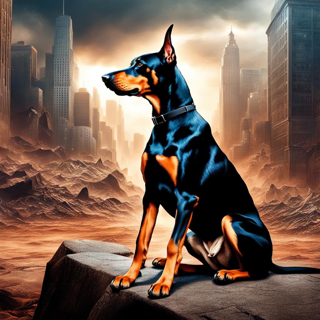 Doberman Guarding Apocalyptic Wasteland: Hyperrealistic Art