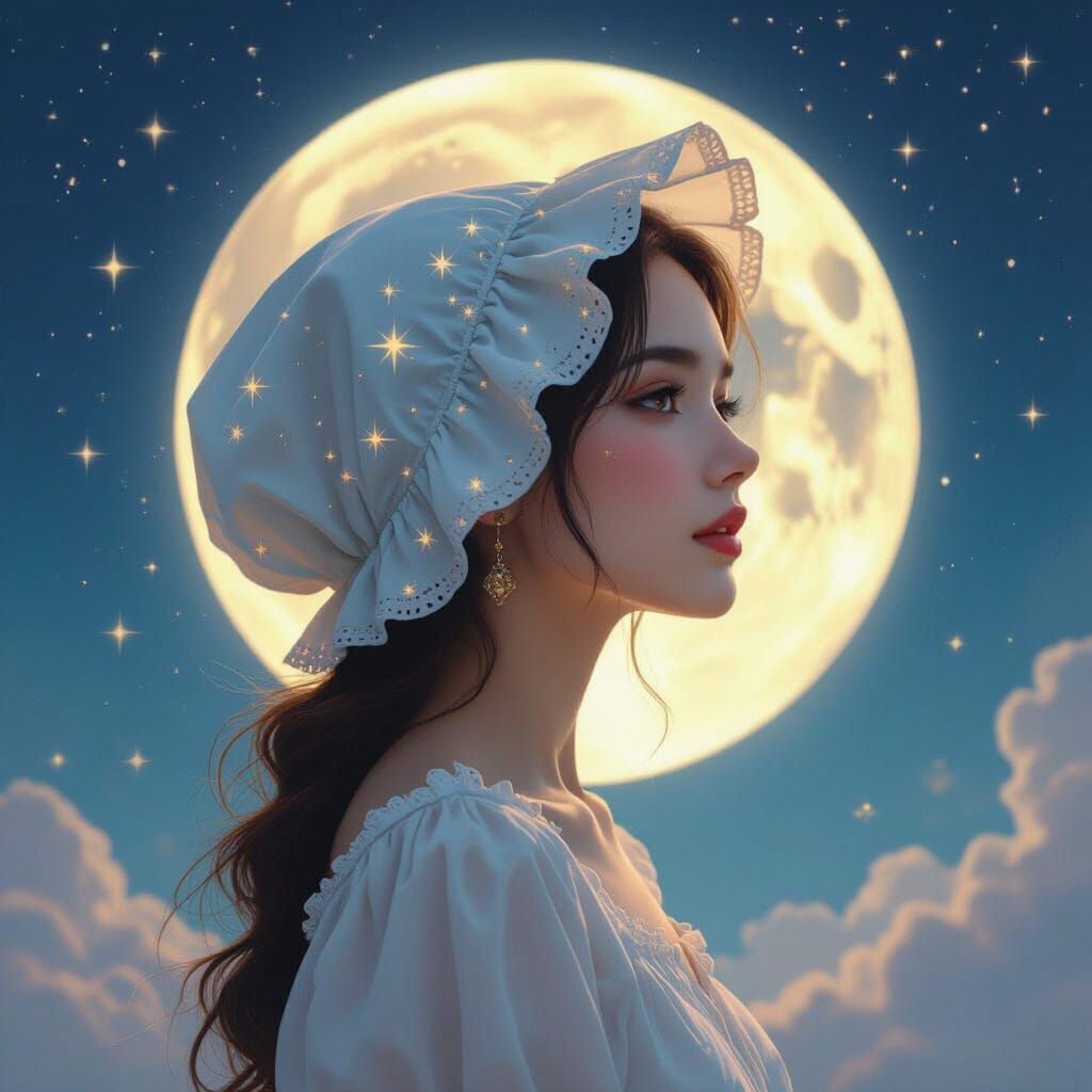 Moon Woman in Starlight Bonnet, Ethereal Art