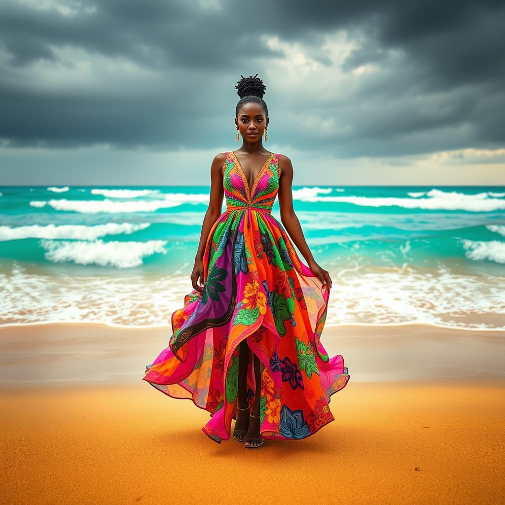 Vibrant Woman Stands Majestically on Turquoise Beach, Radiat...