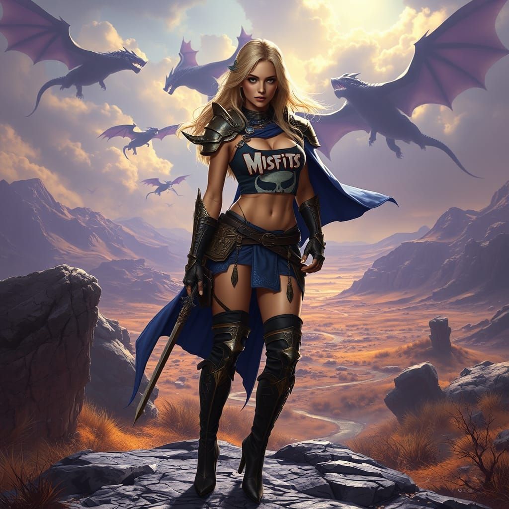 Dark Fantasy Adventurer in Revealing Armor, Set Against Tund...