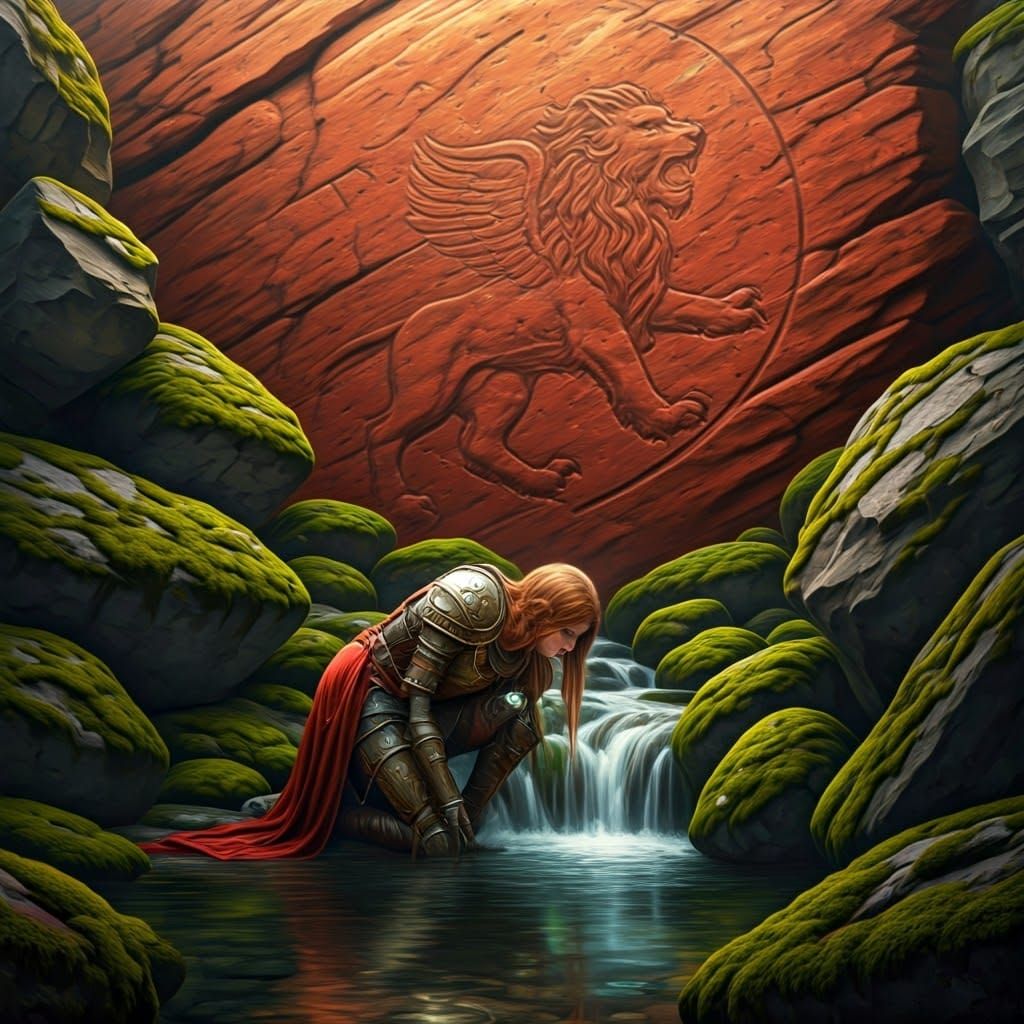 Medieval Warrior Bends to Drink from Spring, Surrounded by A...