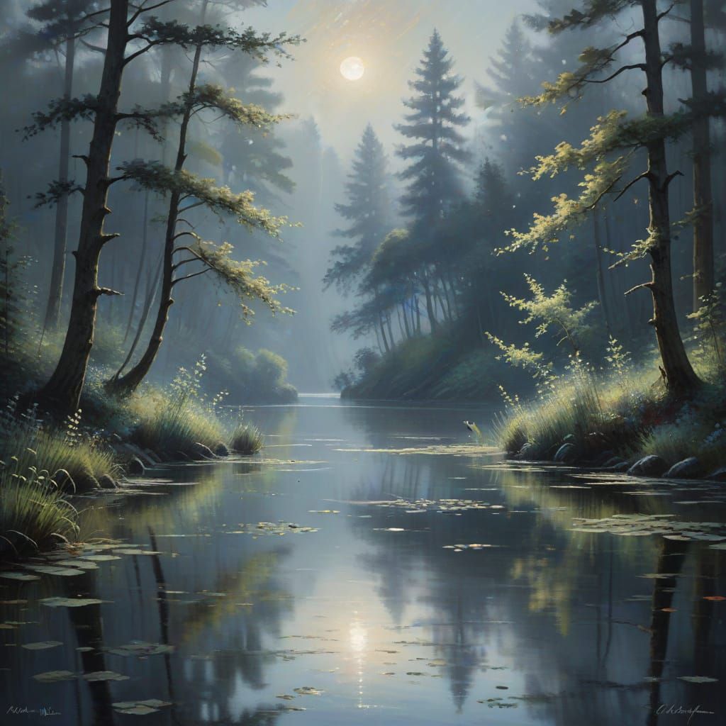 Moonlit Lake Reflects Dreamy Impressionist Forest