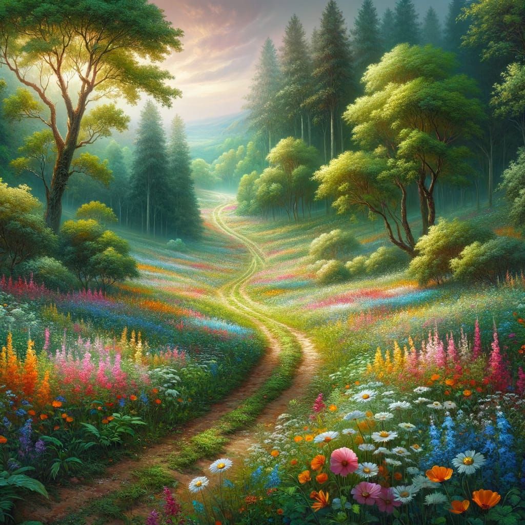 Path to Serenity: Vibrant Wildflowers and Ancient Forest