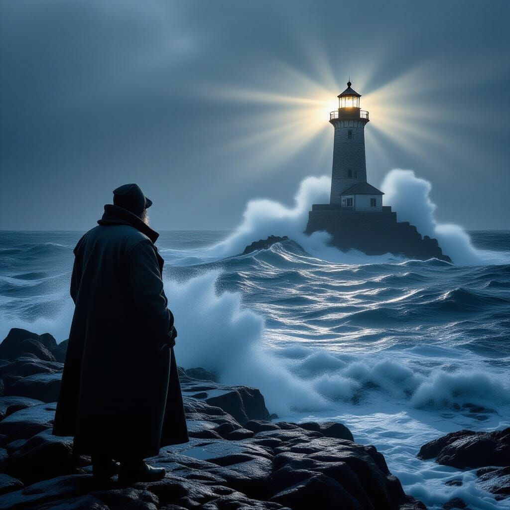 Lighthouse Keeper Gazing at Turbulent Sea in Vintage Style
