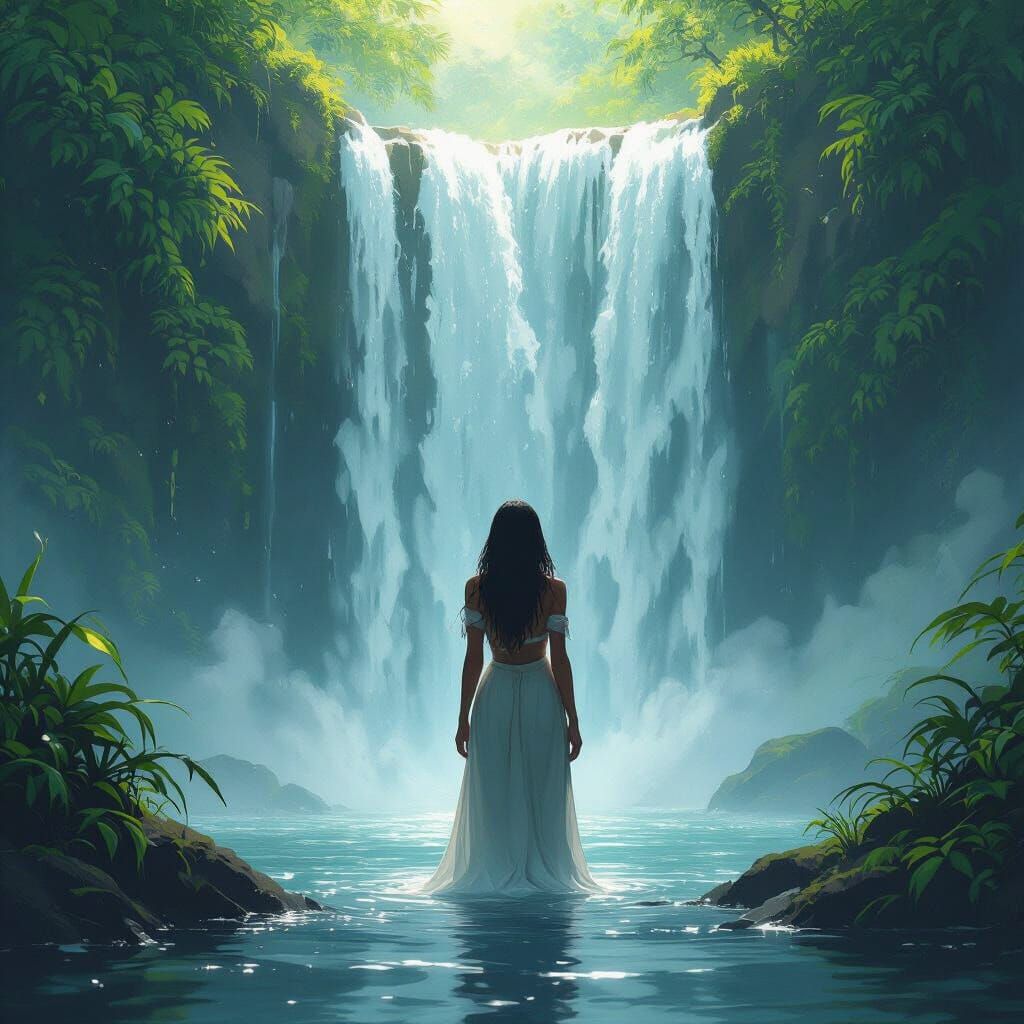 Serene Woman Behind Waterfall in Digital Painting Style