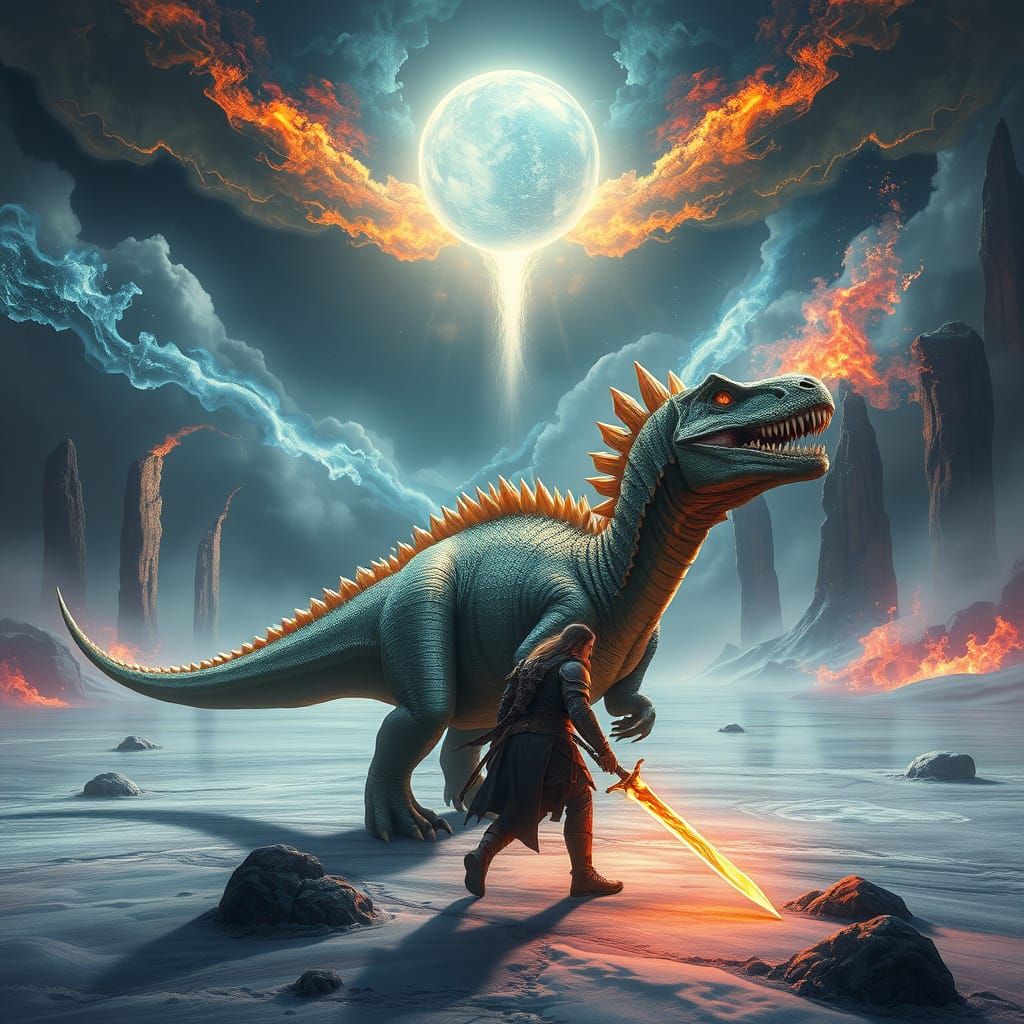 Regal Iridescent Dinosaur Guardians Fantasy Scene in Dark Fa...