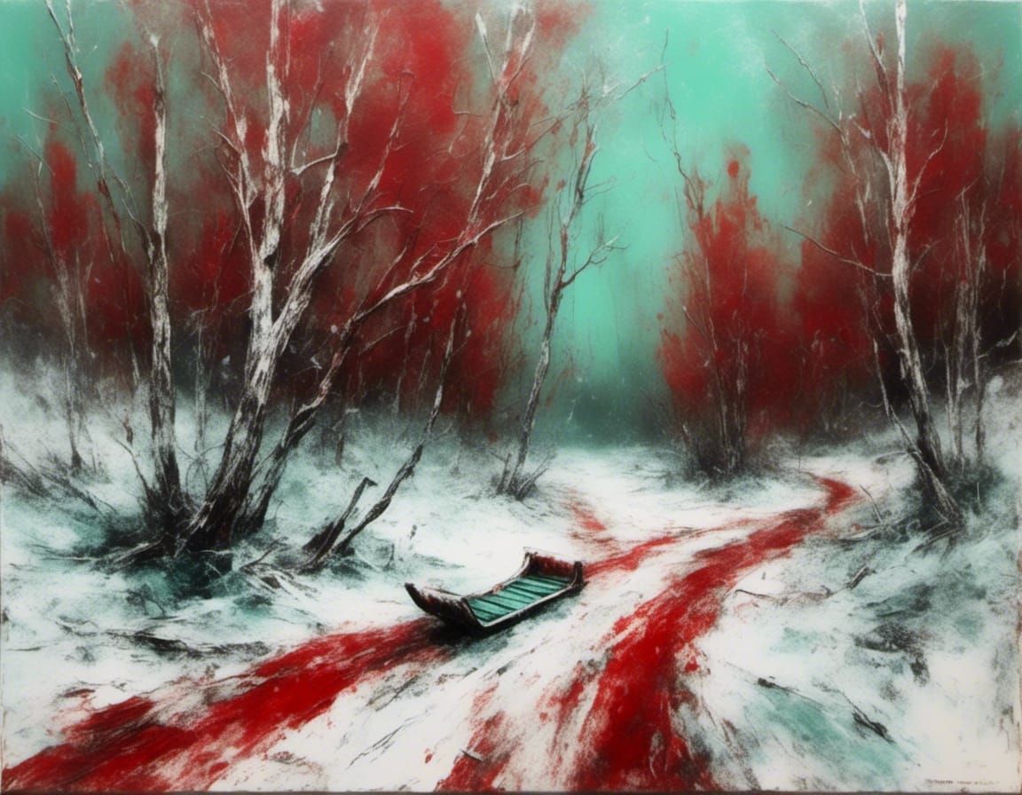 Wooden Sled on Snowy Hill in Acrylic Style