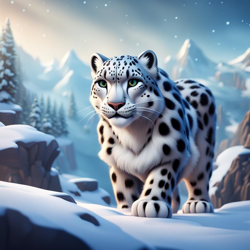 Snow Leopard in Disney Cartoon Style, Winter Scene