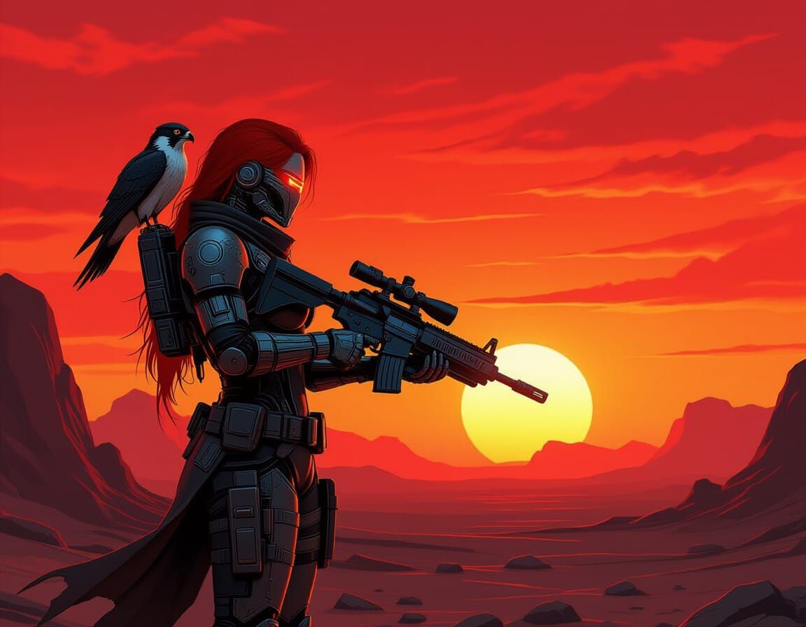 Cyborg Bounty Hunter on a Desolate Planet