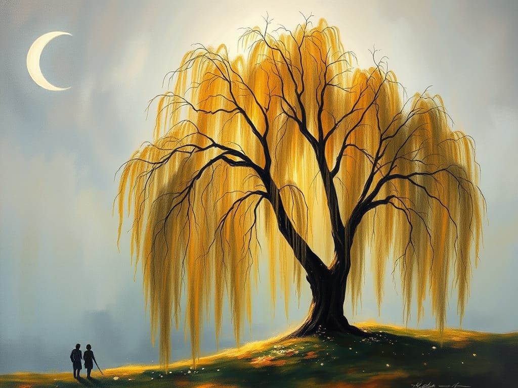 Luxurious Willow Tree Painting by Crescent Moon