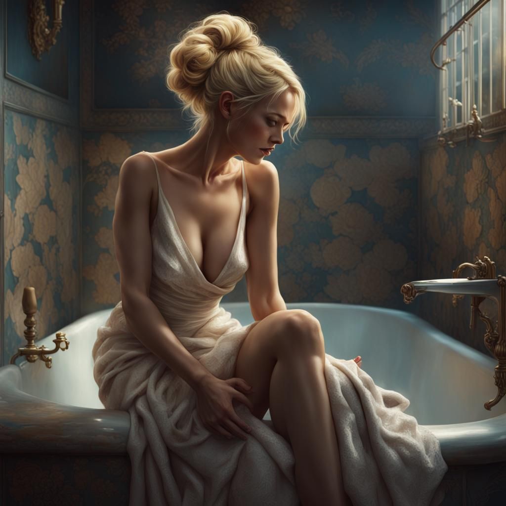 Nude Woman Stepping Out of Shower: Matte Painting