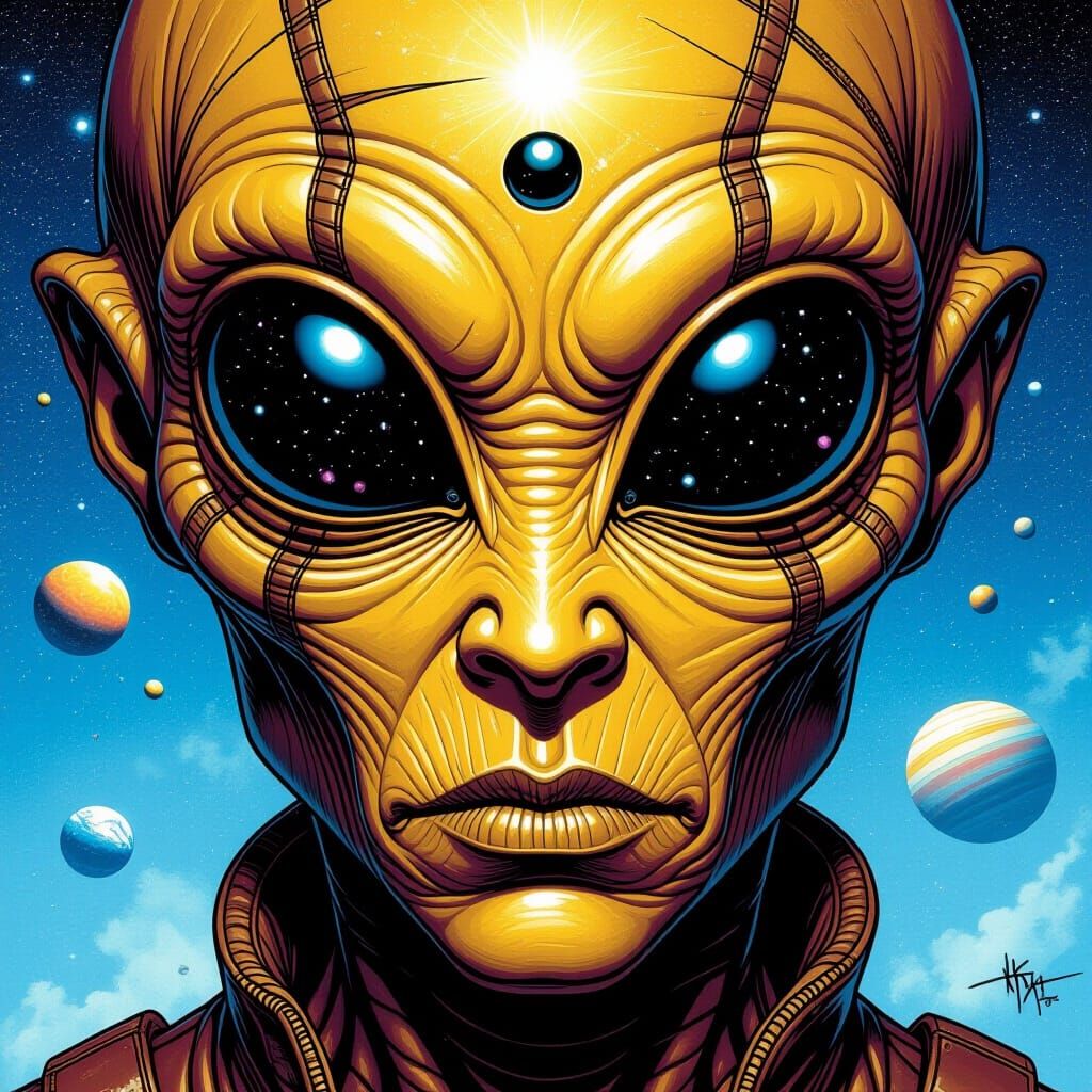 Alien Face Reflecting Planets in Comic Style