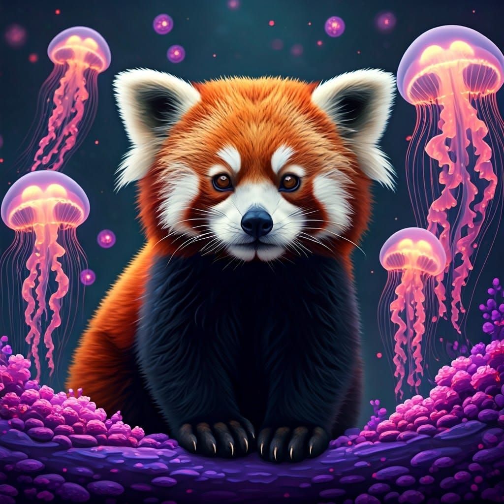Dreamy Red Panda Amidst Glowing Jellyfish