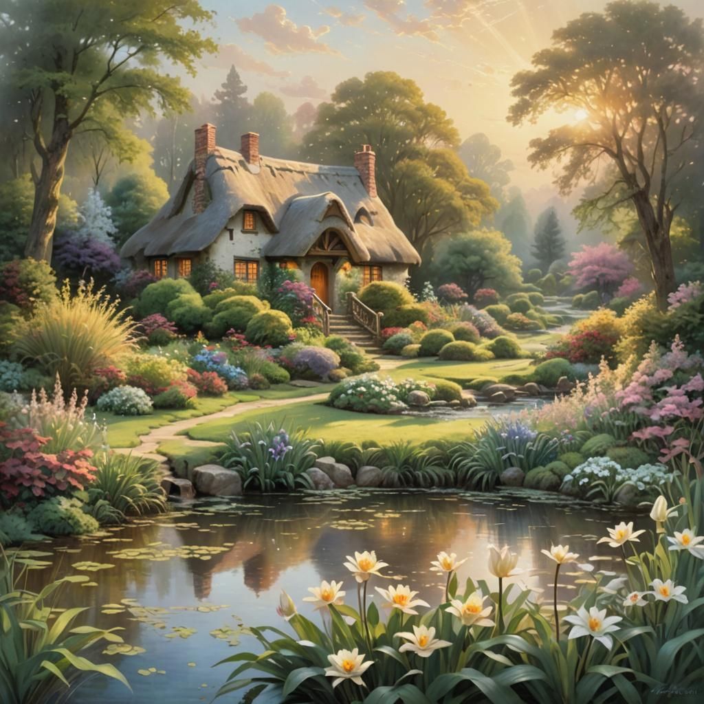 Sunlit Cottage Garden Landscape in Kinkade Style