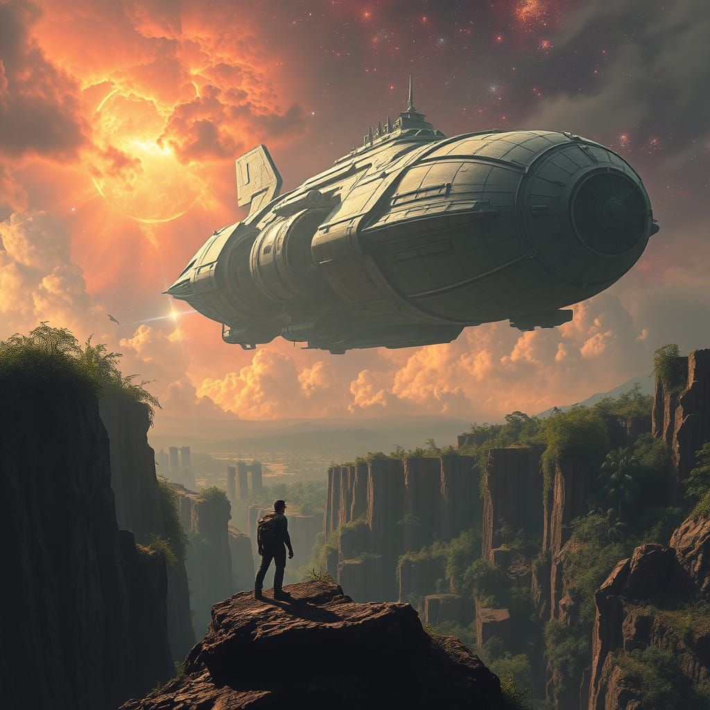 Explorer Charts Overgrown Ruin Under Art Deco Spaceship