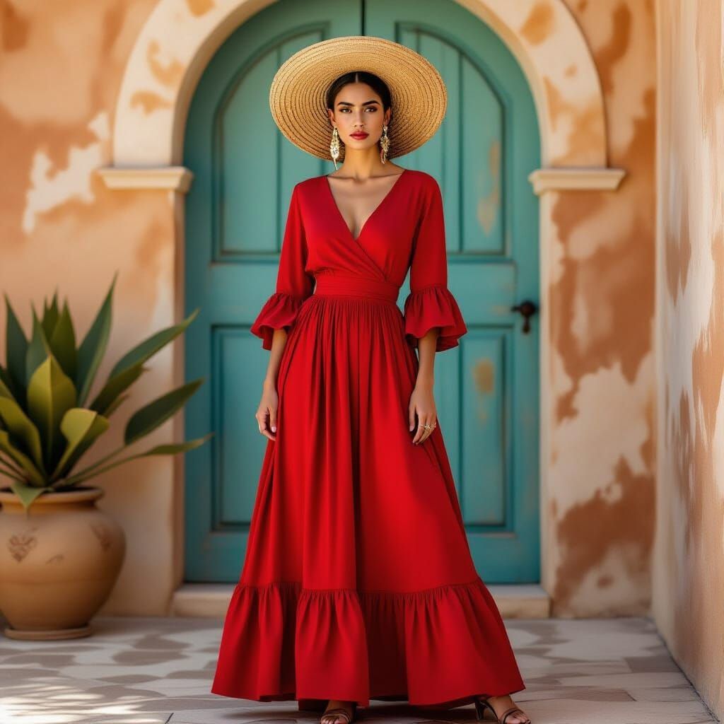 Woman in Red Dress with Straw Hat, Magical Realism