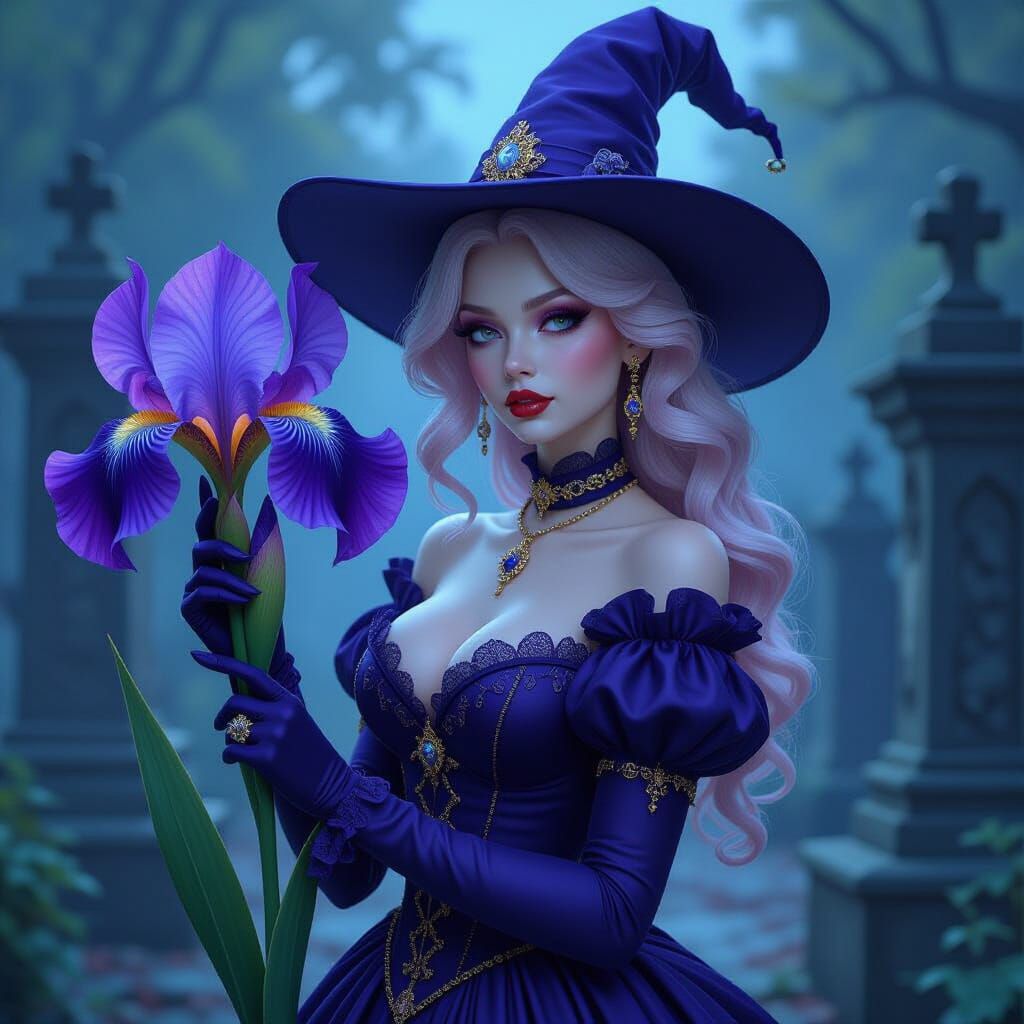 Albino Woman with Iris in Gothic Graveyard