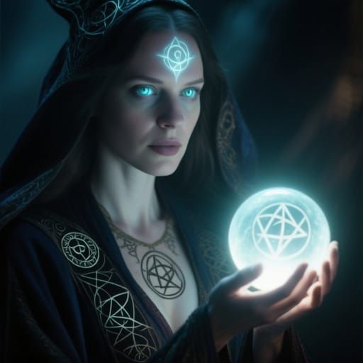 Mystical Female Wizard Portrait with Glowing Orb