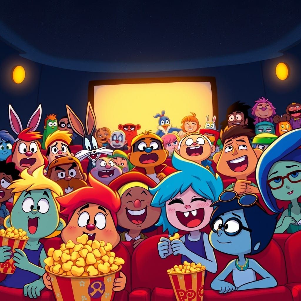 Toons Gather in a Dimly Lit Retro Movie Theater, Inspired by...