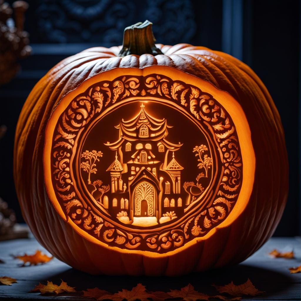 Intricate Pumpkin Carving at Night