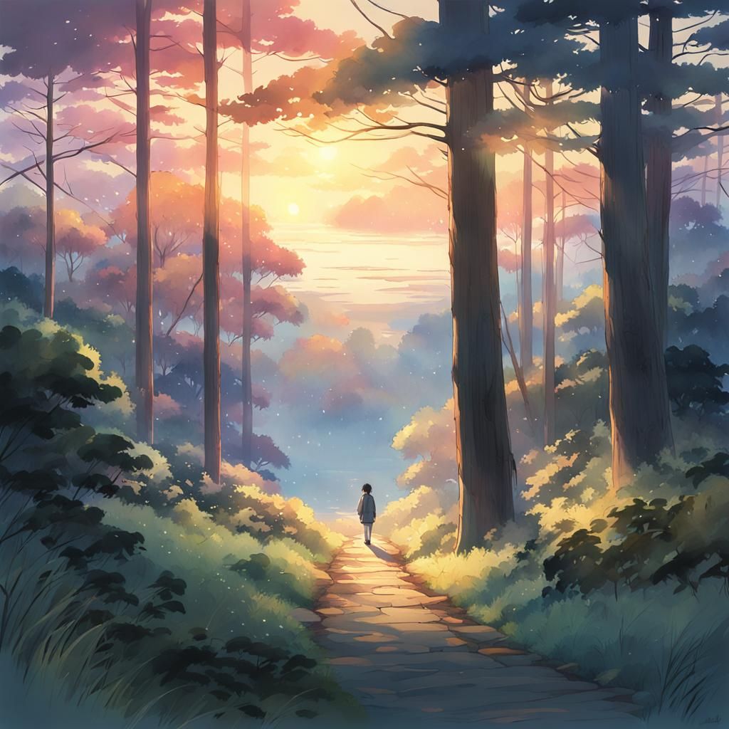 Serene Landscape in Anime Style, Watercolor Sunset