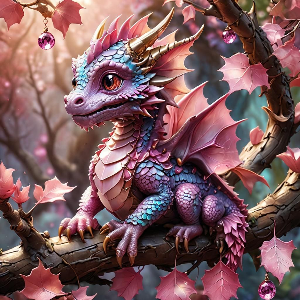Cute Pink Baby Dragon with Jewel Leaves