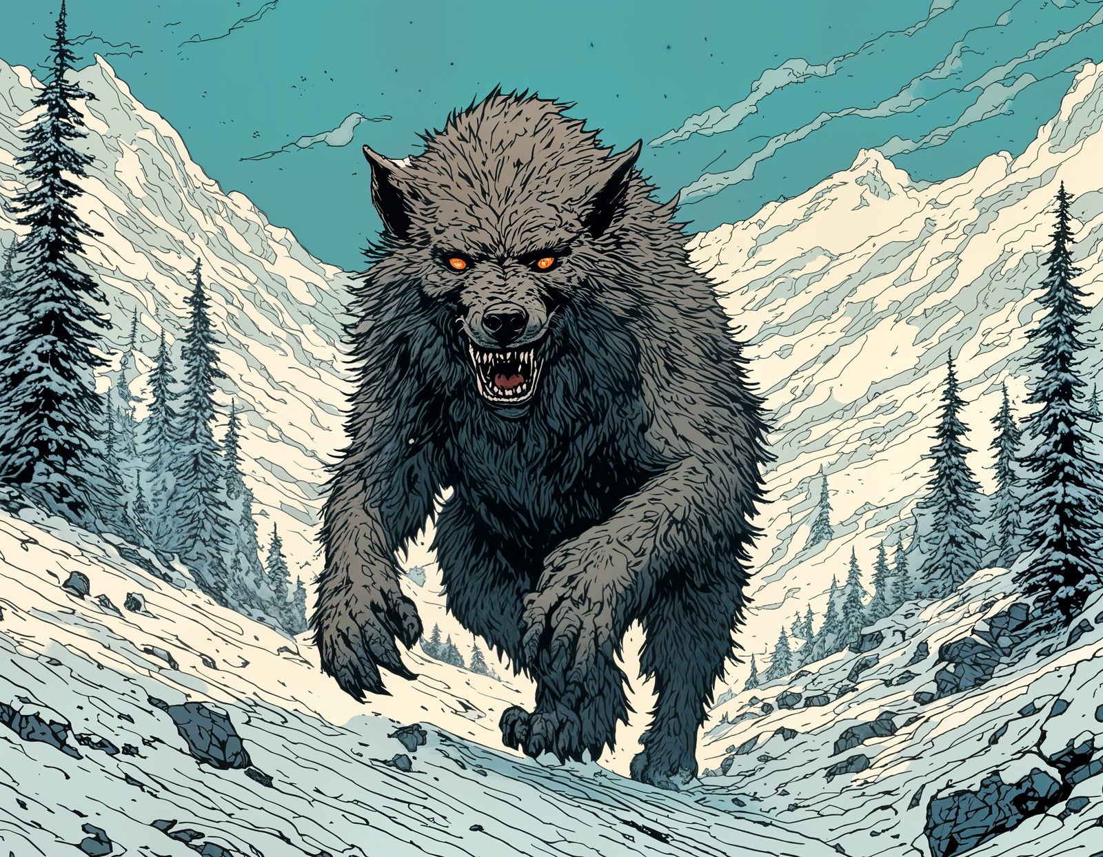 Fluffy Werewolf Travels Snowy Mountain Pass