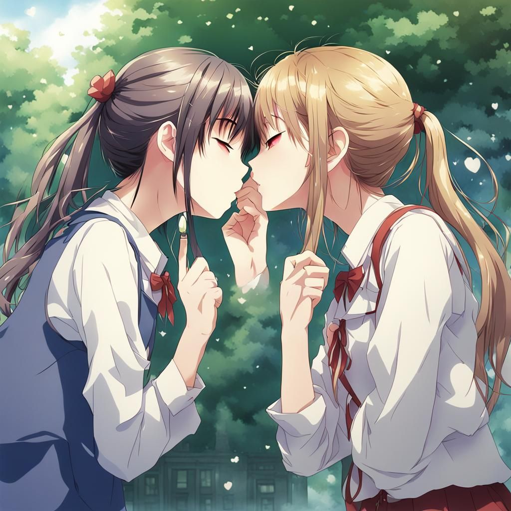 Anime Girls Kissing in Manga Style