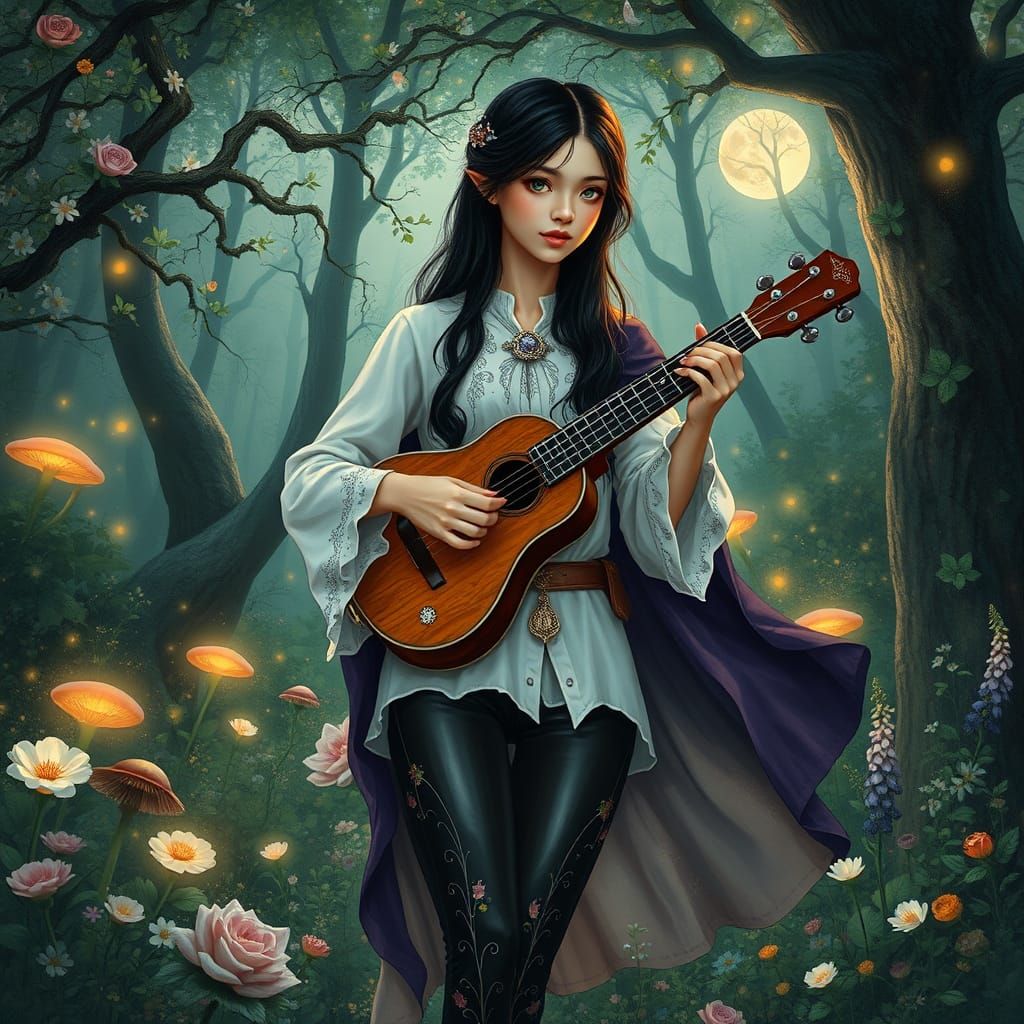 Surreal Fae Musician Amidst Whimsical Forest in Dreamy Surre...