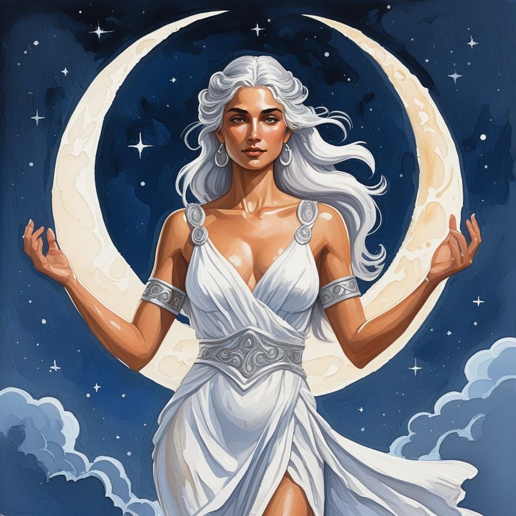 Moon Goddess in Greek Dress with Crescent Moon