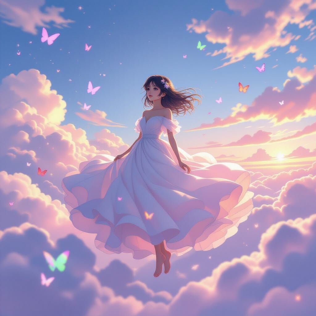 Ethereal Cloud Girl in Dreamy Pastel Sky