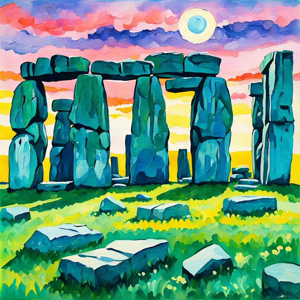 Spring Equinox at Stonehenge in Gouache Style