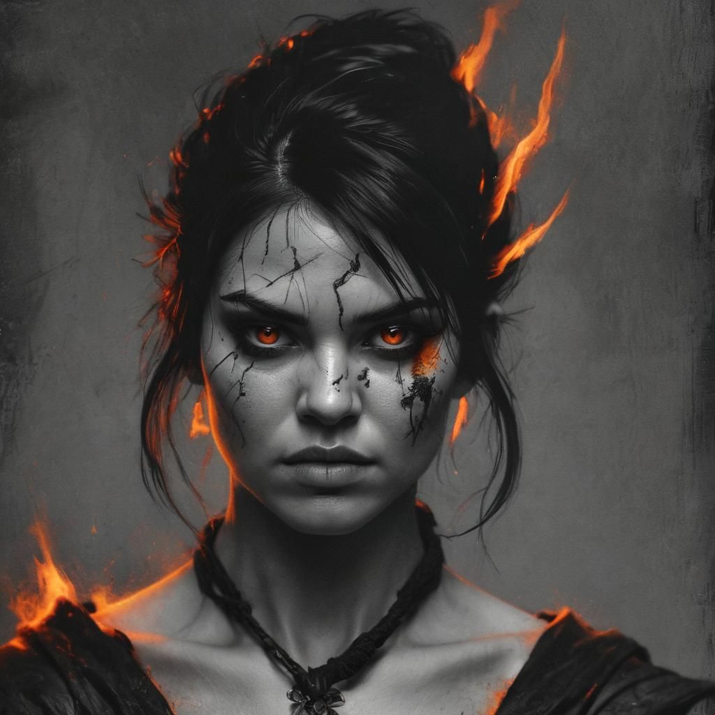 Intense Female Fire Genasi Wizard in Charcoal