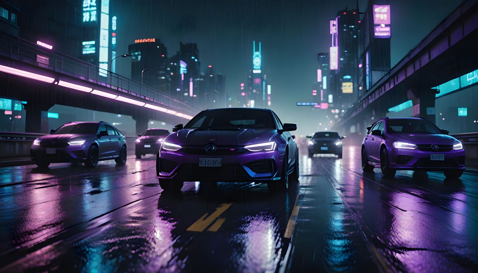 Cyberpunk Night: Elevated Highway with Neon Lights