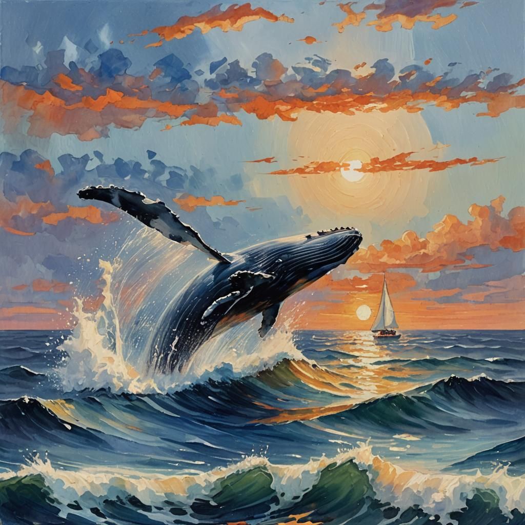 Whale Breaching: Impressionist Gouache Seascape